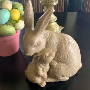 Brown resin Easter bunny-Mother hugging baby